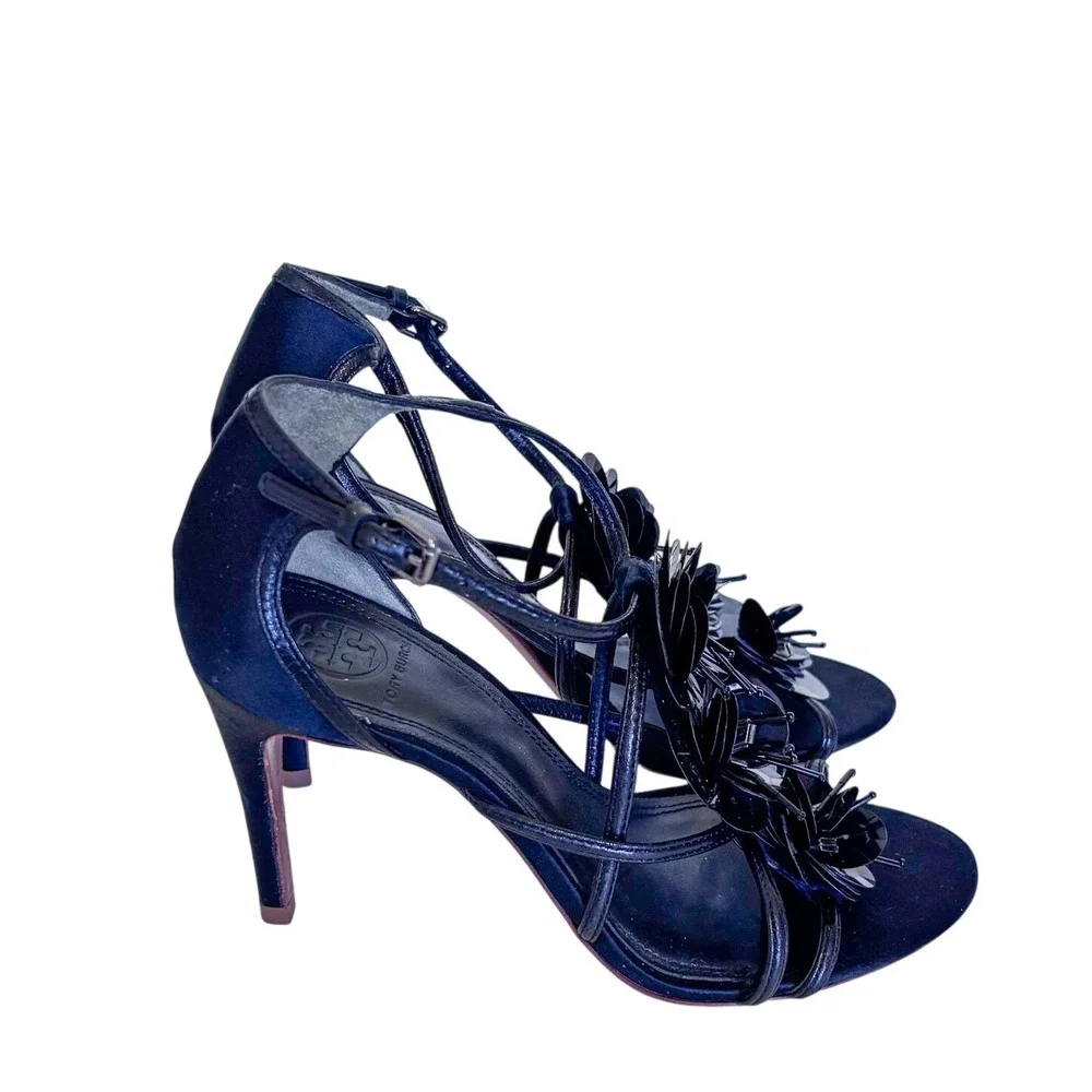 Tory Burch Womens Floral Statement Stiletto Sandal Heels 6.5M Black Formal